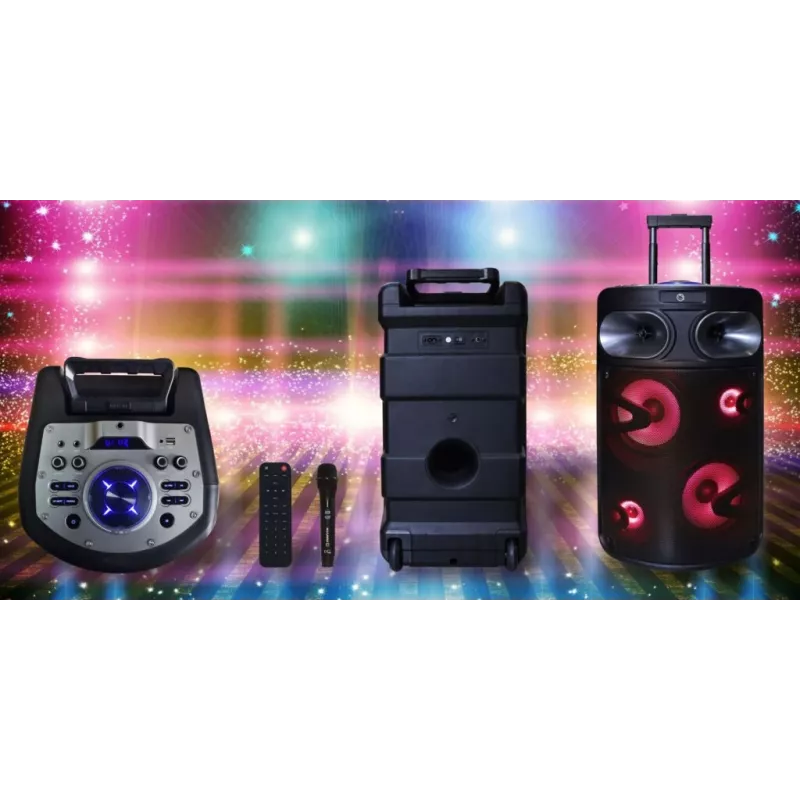 Altavoz de karaoke Bluetooth portátil MANTA SPK0803B140 140W, a batería, MIC/USB/microSD, FM, ecualizador, ruedas