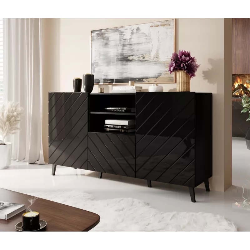 Cómoda Cama Meble ABETO 150x42x82 cm, negro alto brillo, estructura de MDF, 1 cajón