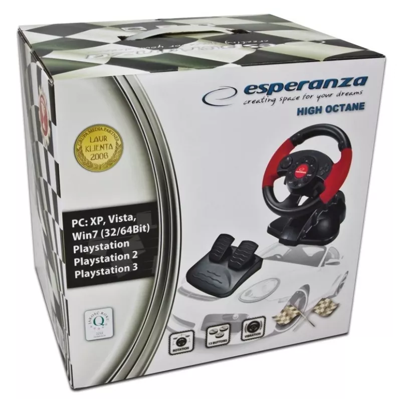 Volante ESPERANZA EG103 mando gaming — PC/PS2/PS3, 13 botones, vibración, sensor de aceleración, negro/rojo