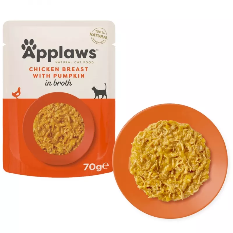 Applaws pechuga de pollo con calabaza en caldo, comida húmeda para gatos, 70 g