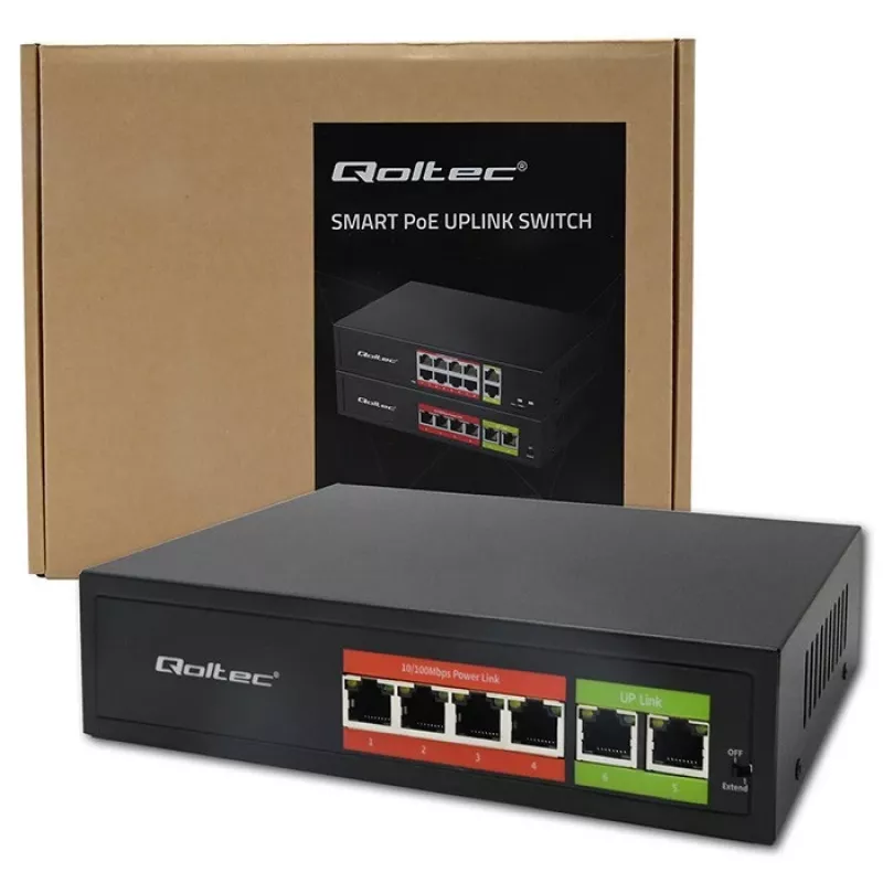Switch Ethernet PoE QOLTEC 52289 — 4x puertos RJ45 PoE, 2x RJ45 uplink, presupuesto PoE 65W