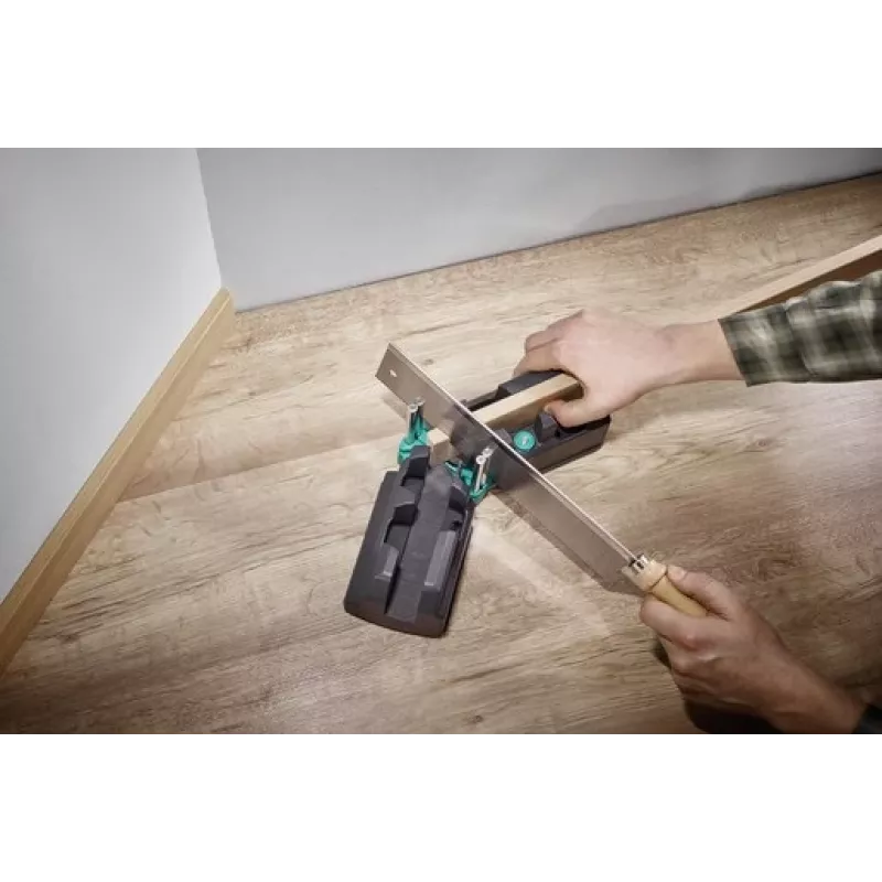 Caja de ingletes y tope Wolfcraft 6948200 — guía de ingletes, rango de medición 85–180°, para tablas de hasta 3 cm, negra