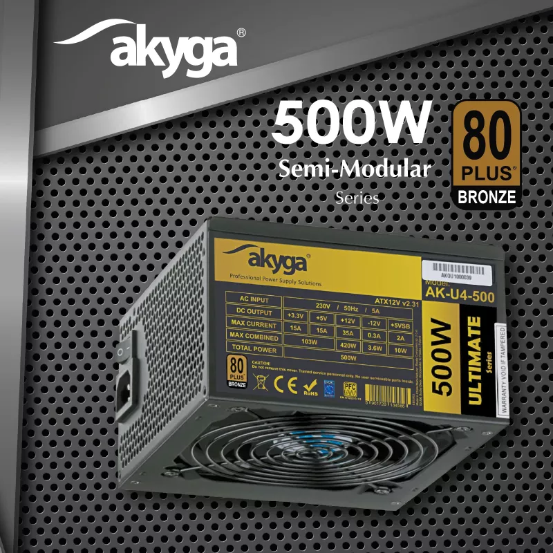 Akyga Ultimate AK-U4-500 fuente de alimentación ATX 500 W, 80 PLUS Bronze, PFC activo, ventilador de 120 mm