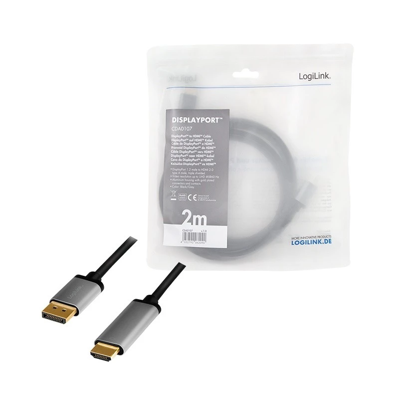 LogiLink CDA0107 Adaptador de cable de vídeo 2 m DisplayPort HDMI negro gris
