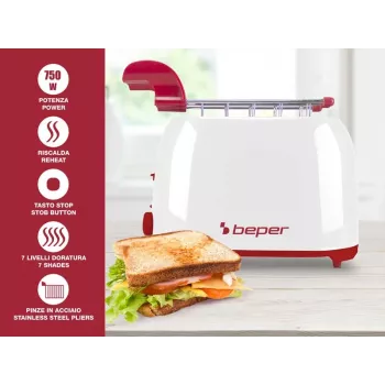 Tostadora Beper P101TOS100 2 rebanadas diseño compacto, carcasa de acero inoxidable, tostado regulable