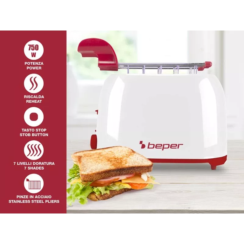 Tostadora Beper P101TOS100 2 rebanadas diseño compacto, carcasa de acero inoxidable, tostado regulable