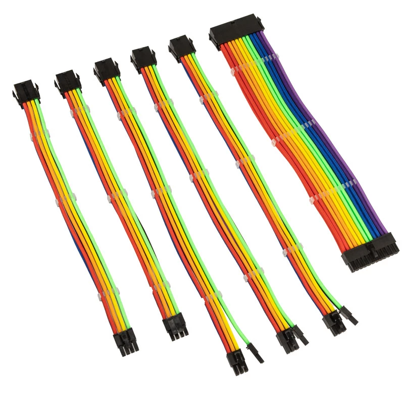 Set de extensión de cables con funda Kolink Core Adept — 6 piezas, funda PET, conductor de cobre, longitudes 300–350 mm