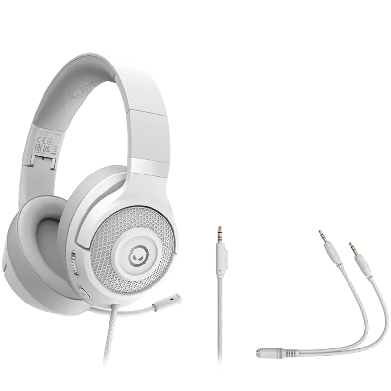LORGAR Noah 101, Auriculares gaming con micrófono, conexión jack de 3,5 mm, longitud del cable 2 m, diseño plegable, almohadillas de piel sintética PU, tamaño: 185*195*80 mm, 0,245 kg, blanco