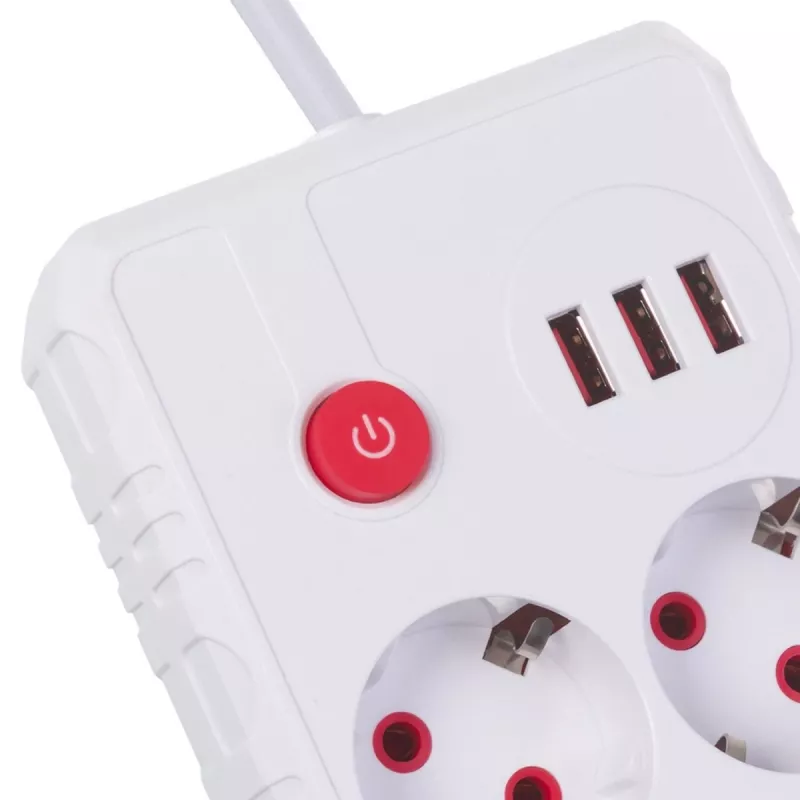 Regleta MACLEAN MCE387 W — 2 tomas de corriente, 3×USB A, 110–240 V, 2500 W, cable de 1,5 m, blanca