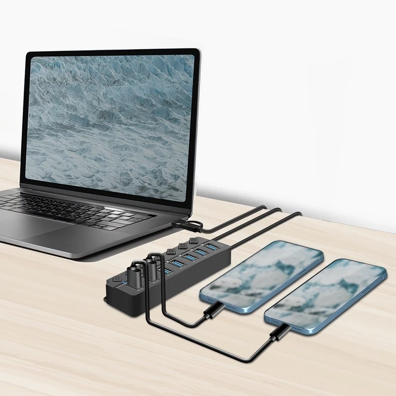 Hub USB 3.2 Gen 1, 7 puertos con interruptor encendido/apagado, negro