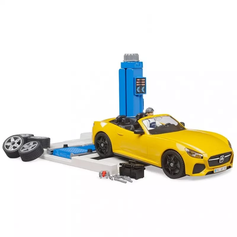 BRUDER Car Service Center bworld 62112 con Roadster set de juego, figuras de accesorios y elementos de taller