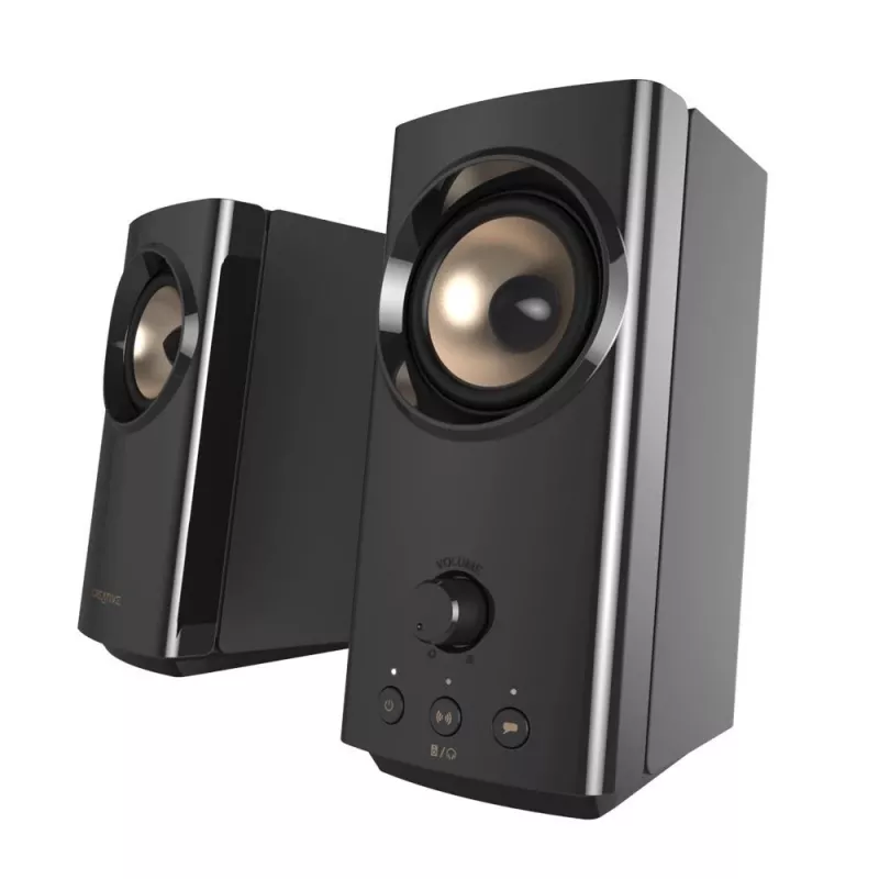Altavoces de escritorio compactos Hi-Fi CREATIVE T60 2.0 con diálogo claro y sonido envolvente mediante Sound Blaster SmartComms Kit, conexiones de audio USB-C, micrófono y auriculares B