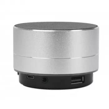 Altavoz Bluetooth Manhattan Metallic, resistente a salpicaduras, alcance 10 m, lector de tarjetas microSD, conector Aux 3,5 mm, cable de carga USB-A incluido (carga 5V), Plata, tres años de garantía