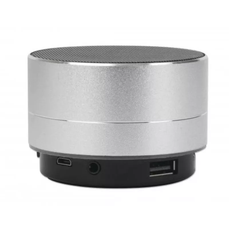 Altavoz Bluetooth Manhattan Metallic, resistente a salpicaduras, alcance 10 m, lector de tarjetas microSD, conector Aux 3,5 mm, cable de carga USB-A incluido (carga 5V), Plata, tres años de garantía