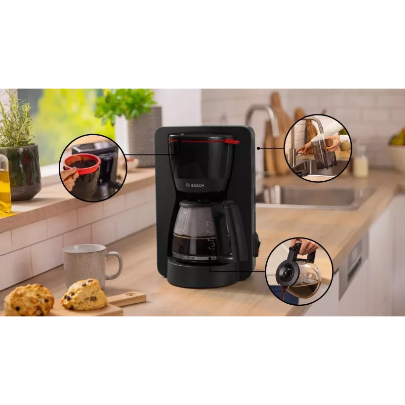 Cafetera de filtro Bosch TKA2M113, depósito de agua de 1,25 l, 15 tazas, negro