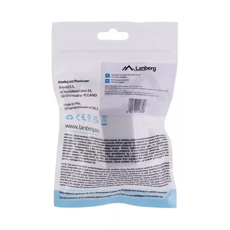 Adaptador de cambio de sexo de cable LANBERG RJ-45 a RJ-45, conector hembra–conector hembra, U/UTP Cat5e, blanco