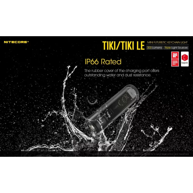 Linterna de mano Nitecore TIKI LE — 300 lm, recargable por USB, policarbonato, IP66, resistente a impactos, 10,5 g, 55 mm, negra