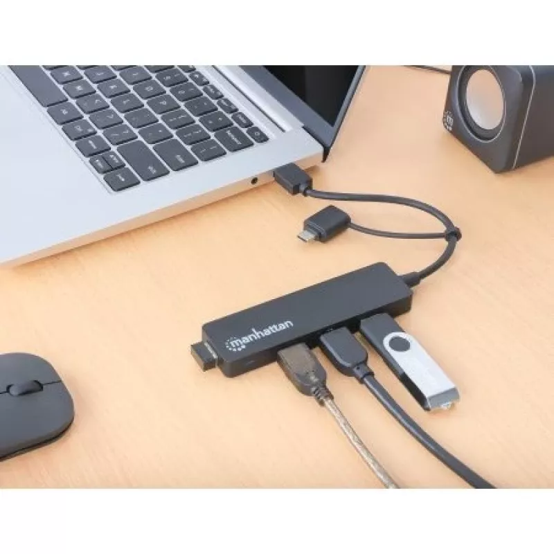Dock/Hub combo USB-C y USB-A Manhattan, Puertos (4): USB-A (x4), 5 Gbit/s (USB 3.2 Gen1 también conocido como USB 3.0), alimentado por USB (no requiere fuente de alimentación externa)