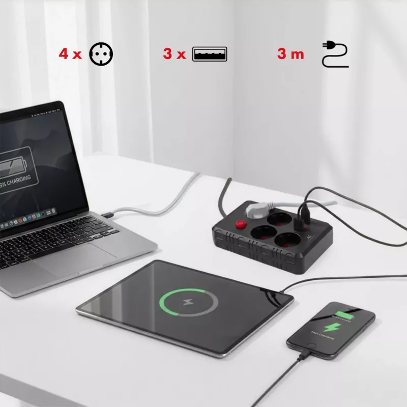 Regleta MACLEAN MCE393 B — 4 tomas de corriente, 3×USB, 110–240 V, 2500 W, cable de 3 m, negra