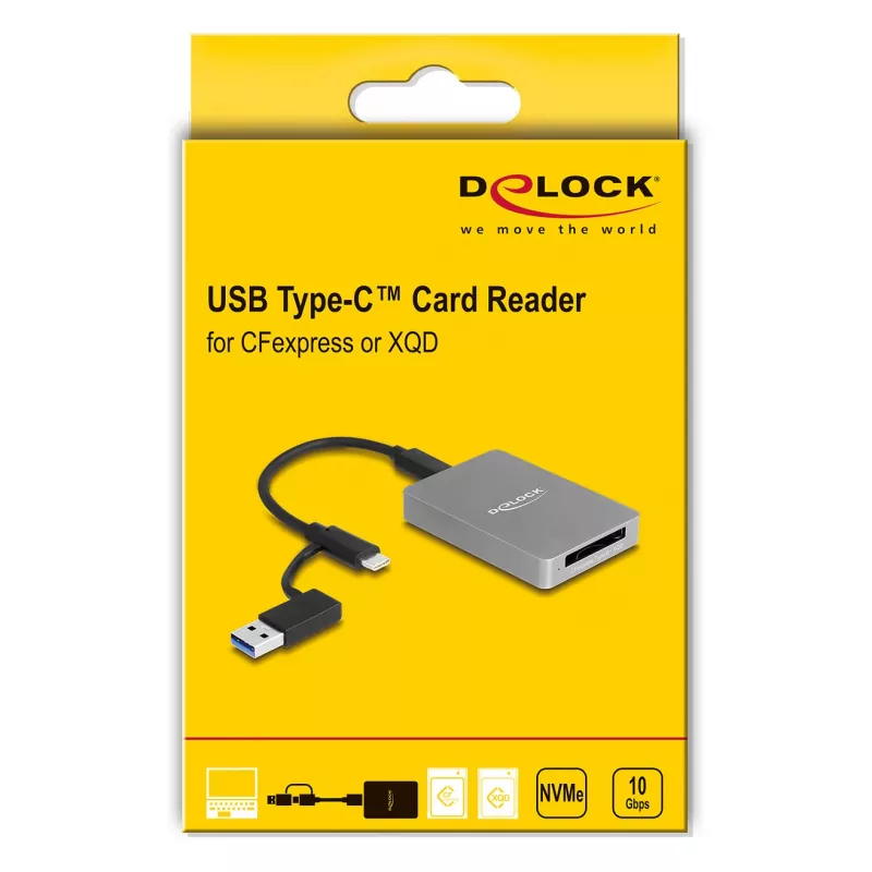 Lector de tarjetas DeLOCK USB Type-C CFexpress XQD aluminio gris 10000 Mbit/s