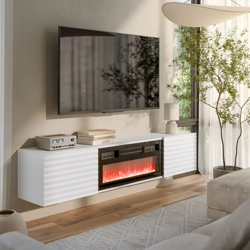 Mueble TV Cama Meble TULA con chimenea eléctrica, 1830×350×370 mm, superficie y marco blancos mate