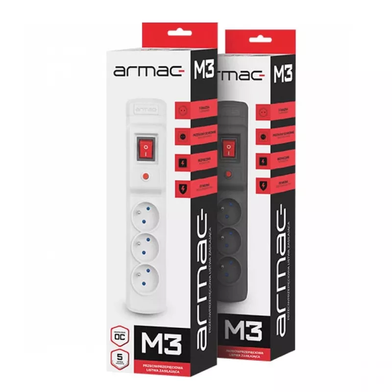 Regleta de enchufes ARMAC MULTI M3 PROTECTING POWER STRIP, 3 tomas, cable de 3 m, gris