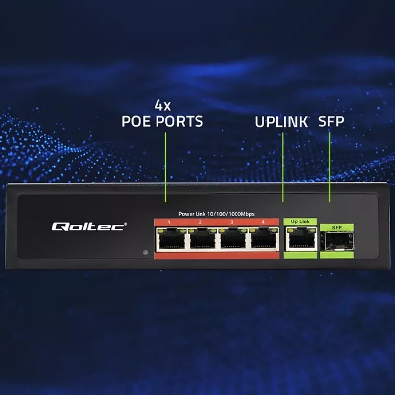 Switch Ethernet PoE QOLTEC 52296 — 4 puertos RJ45 PoE, 1 uplink RJ45