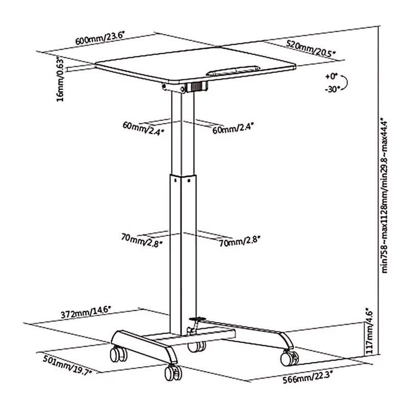 Mesa de ordenador portátil con ruedas, escritorio elevable de sentado a de pie hasta máx. 113 cm, inclinable hasta 30 grados, negro