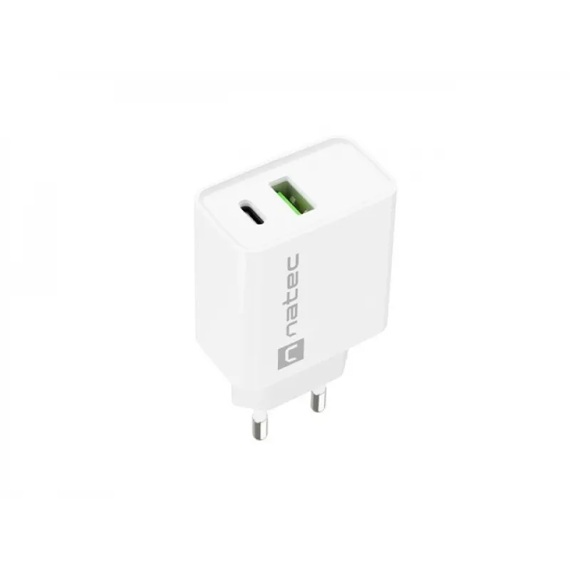 Cargador rápido de red NATEC RIBERA 12V 20W USB-C PD 3.0 + USB-A Samsung AFC blanco