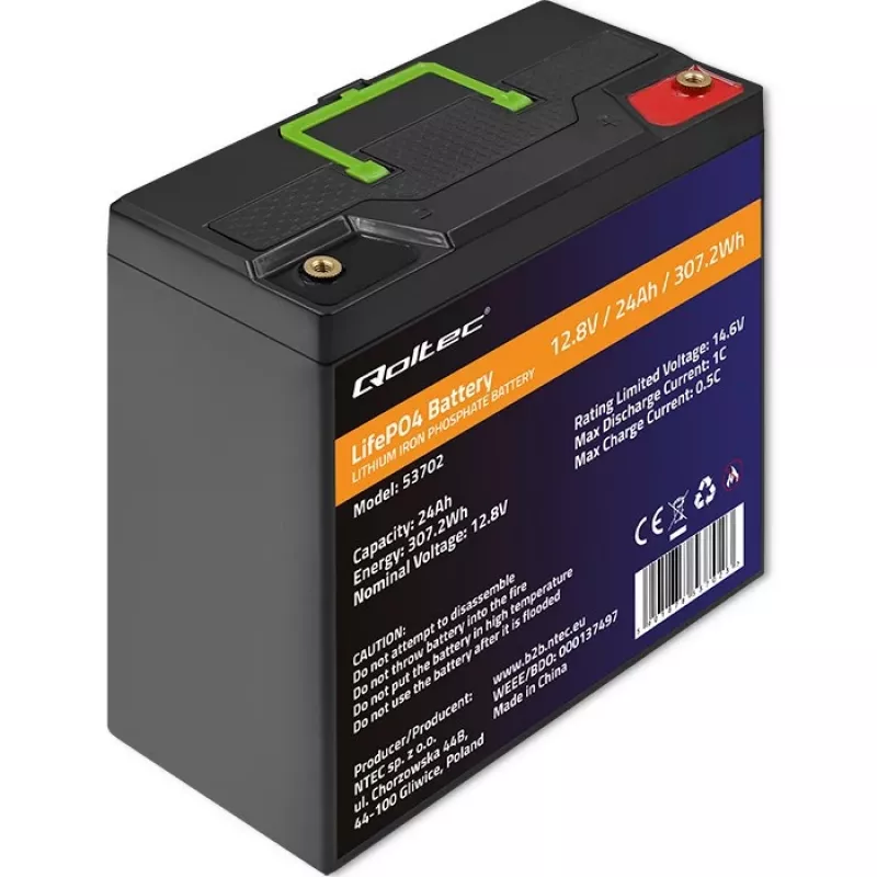 Qoltec 53702 Batería LiFePO4 de litio-hierro-fosfato | 12,8V | 24Ah | 307,2Wh | BMS
