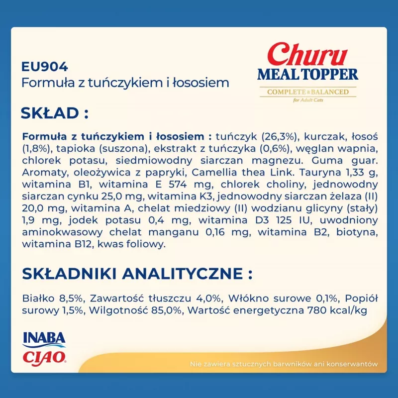 Topper de comida para gatos INABA Churu Meal Topper Atún con salmón, 4 x 14 g bolsitas