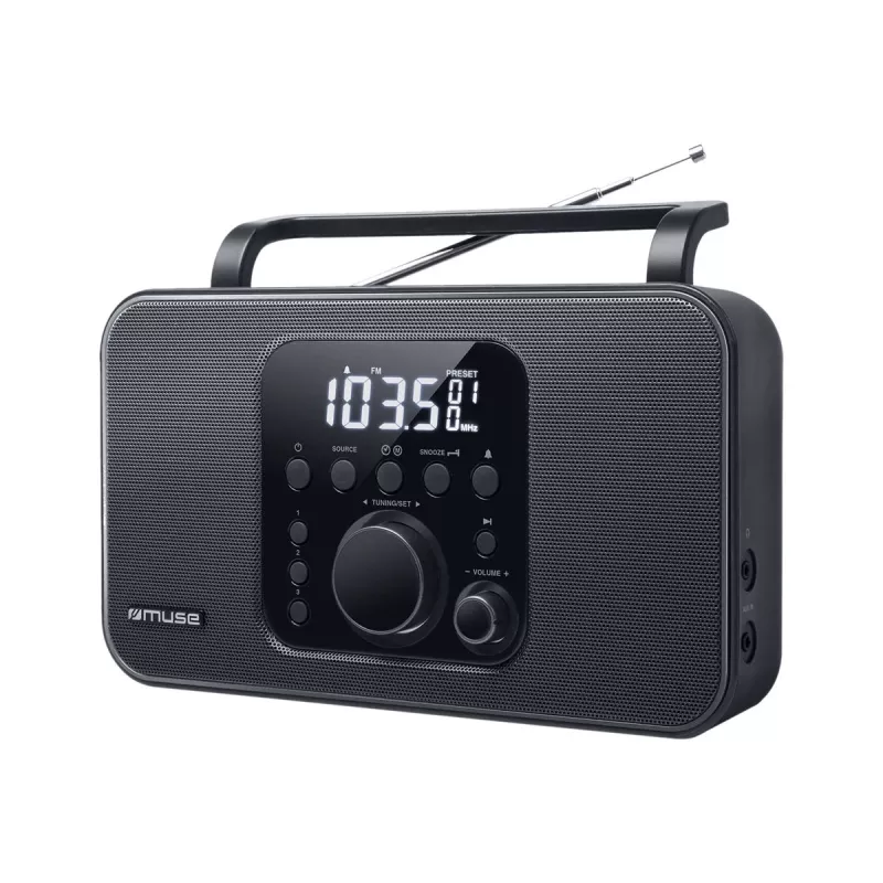 Muse M-091R radio portátil, FM/AM, pantalla LCD, alarma, entrada AUX, alimentación por red/pilas, negra