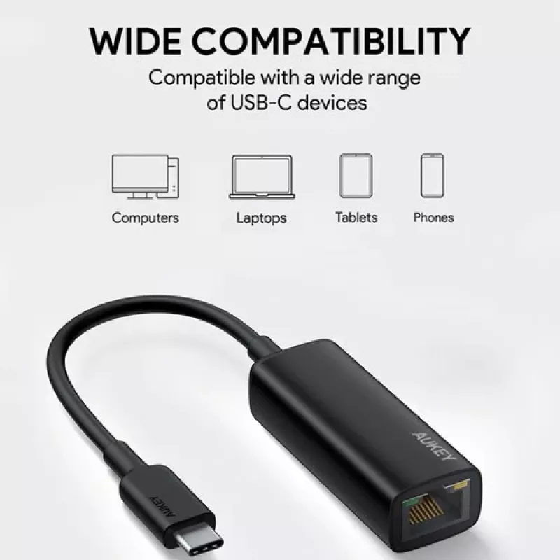 Adaptador Ethernet Aukey CB-A30 USB‑C a Gigabit RJ45 10/100/1000 Mbps, USB 3.0, aluminio, indicadores LED