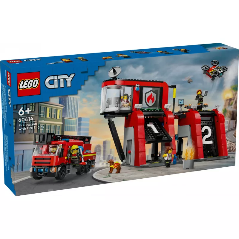 Juguete de construcción LEGO City Parque de bomberos con camión de escalera 60414 — 843 piezas, 5 minifiguras, 220×320×140 mm