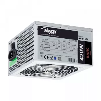 Fuente de alimentación ATX Akyga Basic AK-B1-420 420 W, ventilador de 120 mm, PFC pasiva, Gris