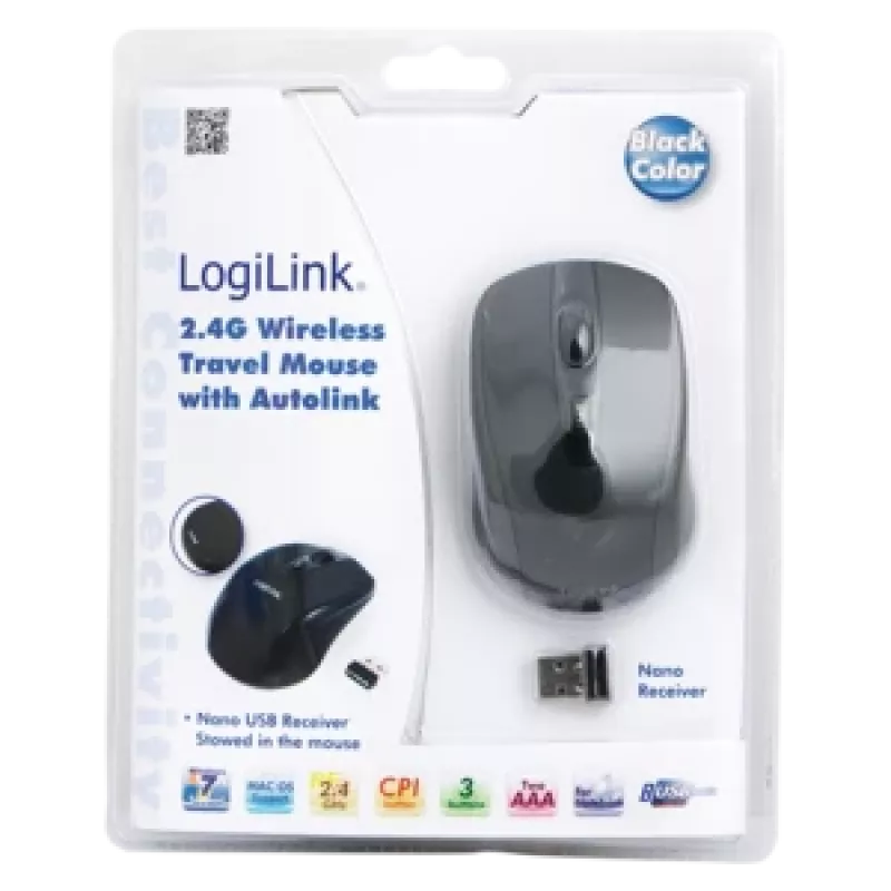 LogiLink Ratón óptico inalámbrico 2,4 GHz Mini - Ratón - óptico - 3 botones - inalámbrico - 2,4 GHz - receptor inalámbrico (USB) - Negro (ID0031)