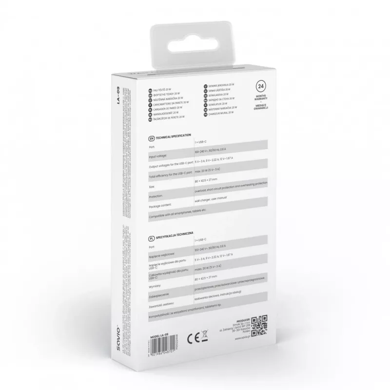 Cargador de pared 20W LA-09 USB-C QC, PD 3.0 Savio SAVLA-09