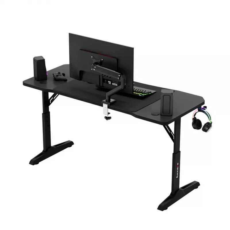Escritorio gaming huzaro Hero 3.6 — rectangular 1400×600 mm, altura ajustable 560–790 mm, negro, patas en H, tablero de 15 mm