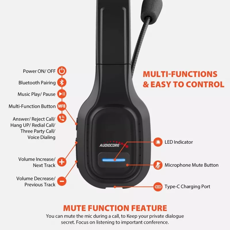Auriculares Bluetooth Audiocore 74452 cancelación de ruido micrófono call center Google Siri oficina inalámbricos