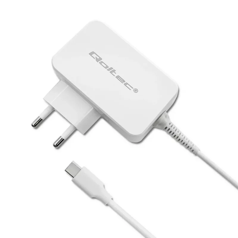 Qoltec 51039 adaptador de corriente 65 W USB-C PD, 5–20,3 V, 2–3,25 A, cable USB-C integrado, blanco