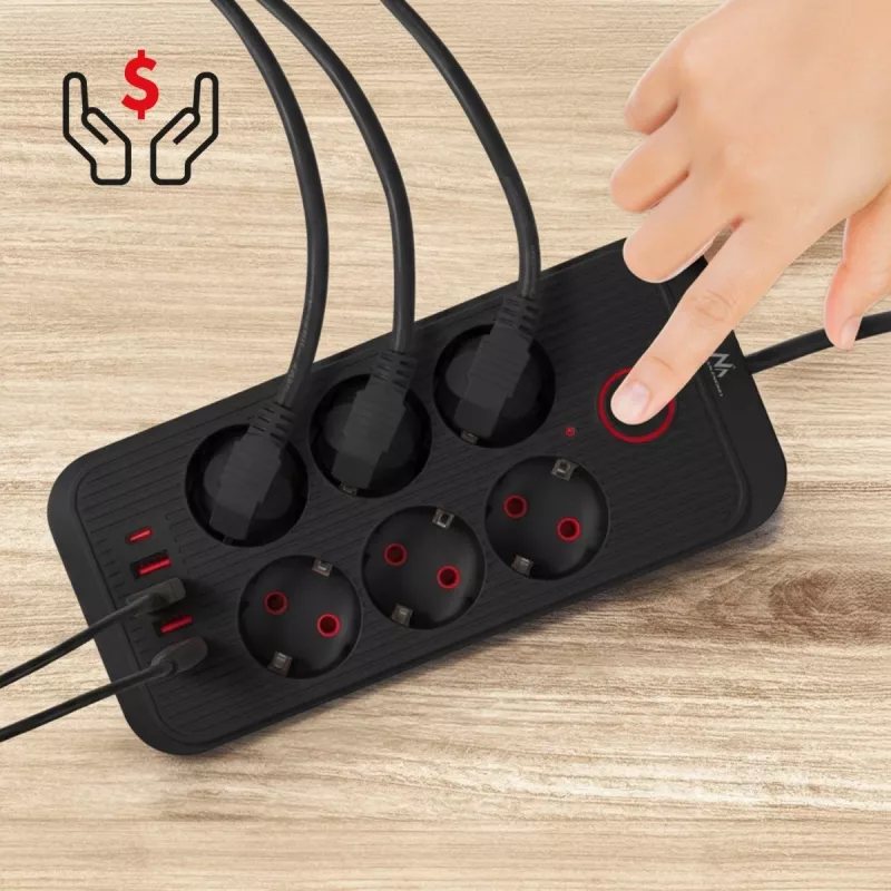 Regleta de enchufes MACLEAN MCE389 B — 6 enchufes, 4×USB-A + 1×USB-C, 110–240V, 2,1A, 2500W, cable de 1,5 m, negra
