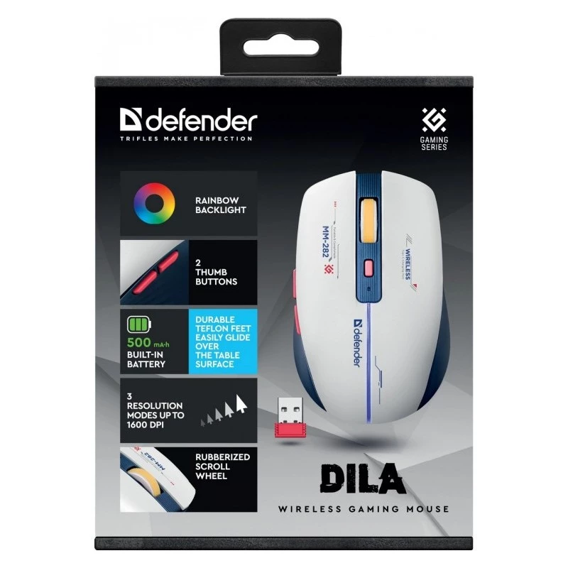 Ratón gaming inalámbrico DEFENDER MM-282 RF — ambidiestro, óptico 1800 DPI, 5 botones, USB, a pilas