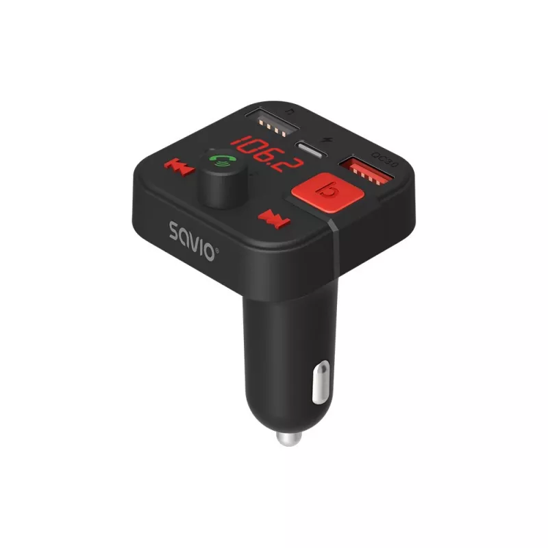 Transmisor FM SAVIO, Bluetooth 5.3, cargador QC 3.0, pantalla LED, Bass Boost, TR-15, negro