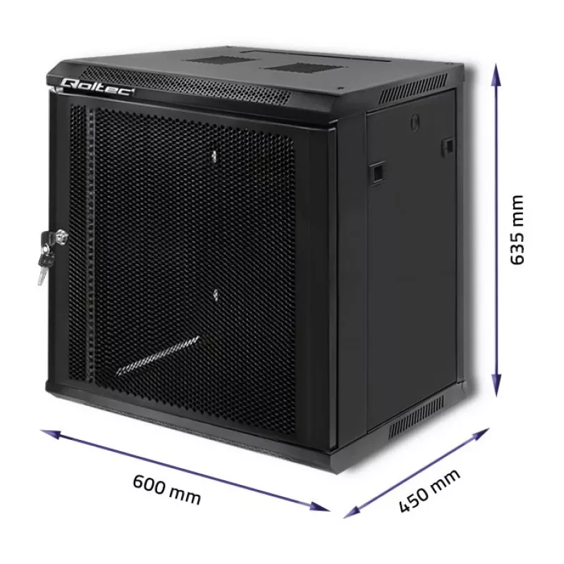 Qoltec 54488 Armario rack de pared de 19 pulgadas, 12U, 600 x 635 x 450 mm, puerta perforada