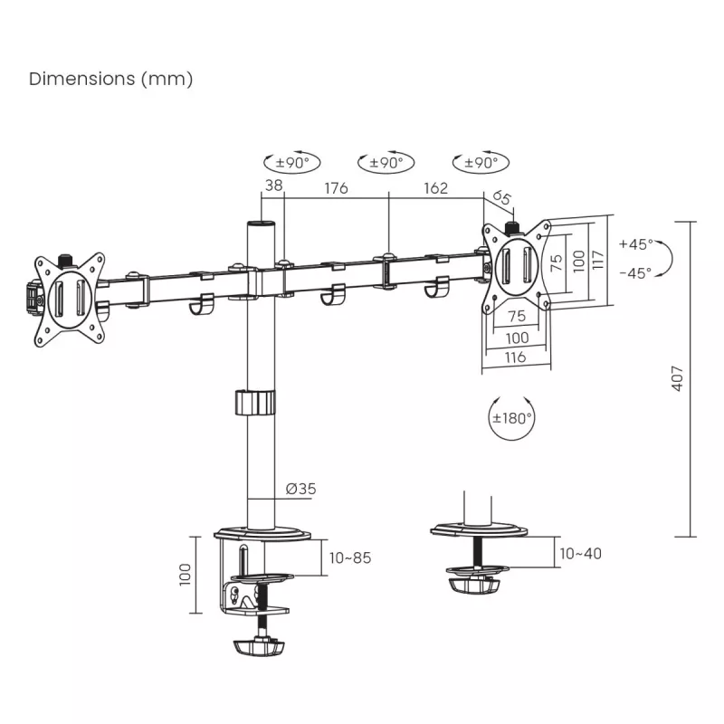 Soporte de mesa Maclean para 2 monitores, VESA 75x75 y 100x100, 17-32, 2x 9kg, MC-754N