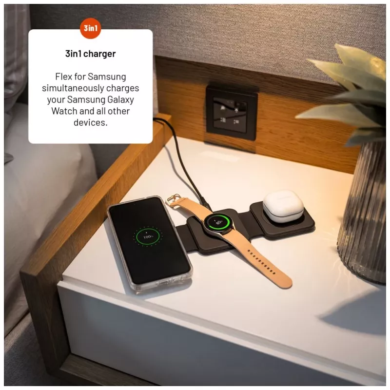 Cargador inalámbrico plegable FIXED FIXFLE-SA-BK 3 en 1 para Samsung — cargador portátil compacto para teléfono, auriculares y wearables