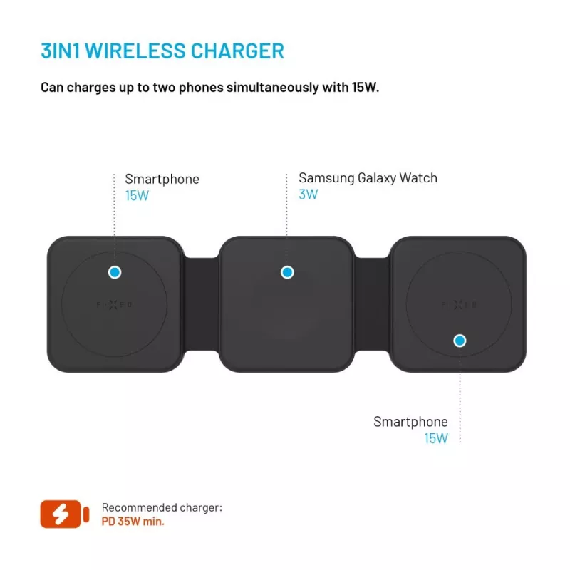 Cargador inalámbrico plegable FIXED FIXFLE-SA-BK 3 en 1 para Samsung — cargador portátil compacto para teléfono, auriculares y wearables