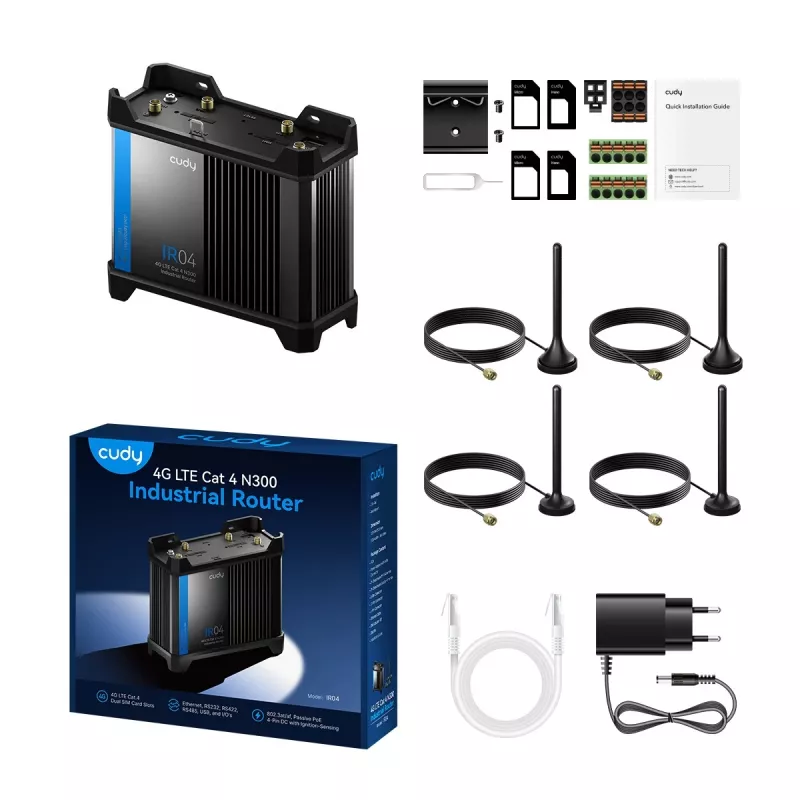 Cudy IR04_EU router industrial 4G LTE Cat4, Wi-Fi, 4x Gigabit Ethernet, 1x USB 2.0, PoE, negro