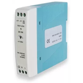 Fuente de alimentación TELTONIKA PR3PDNP0, interior 20 W, entrada 100–240 V, 50–60 Hz, compacta 22,5×90×100 mm, azul/blanco