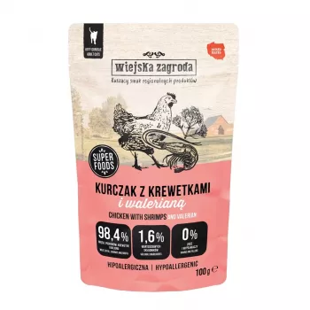 WIEJSKA ZAGRODA pollo con gambas y valeriana – alimento húmedo para gatos – 100 g